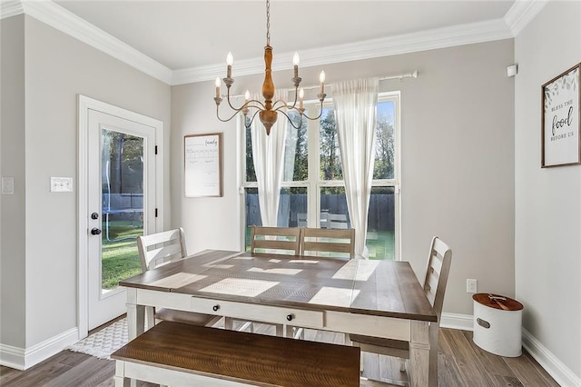 dining room featuring ornamental molding, a wealth of natural light, and dark hardwood / wood-style flooring