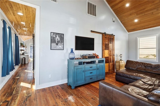 living room with a barn door, wood ceiling, and dark hardwood / wood-style flooring