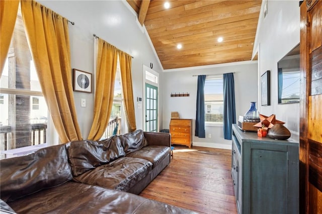 living room with wood ceiling, high vaulted ceiling, and hardwood / wood-style flooring