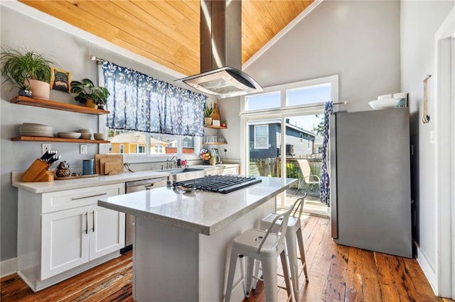 kitchen featuring plenty of natural light, stainless steel refrigerator, island range hood, and white cabinetry