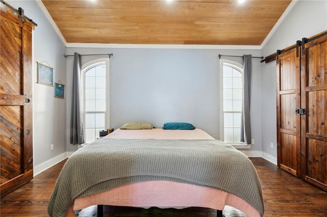 bedroom featuring vaulted ceiling, wood ceiling, and dark hardwood / wood-style flooring