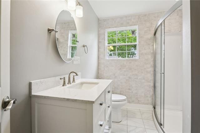 bathroom featuring vanity, toilet, and a shower with door