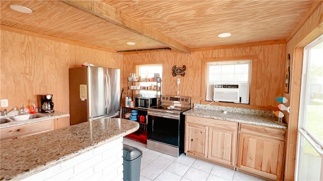 kitchen with stainless steel appliances, wooden ceiling, wooden walls, and a healthy amount of sunlight