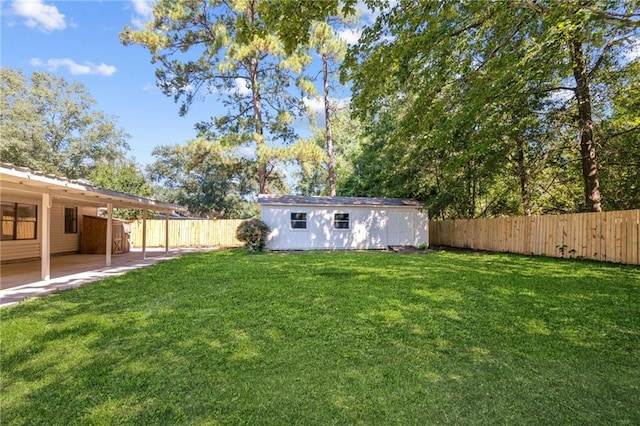 view of yard with a patio area and an outbuilding