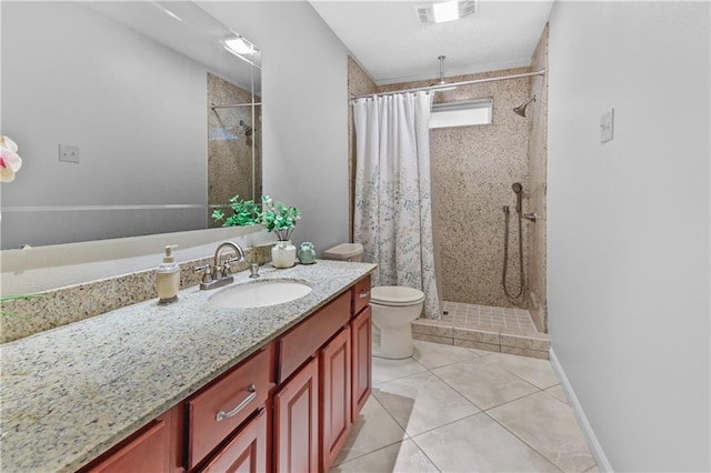 bathroom with tile patterned floors, vanity, toilet, and a shower with curtain