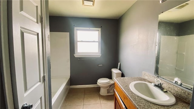 full bath featuring vanity, visible vents, baseboards, tile patterned floors, and toilet