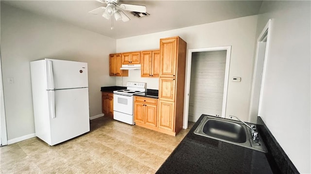 kitchen featuring white appliances, ceiling fan, and sink