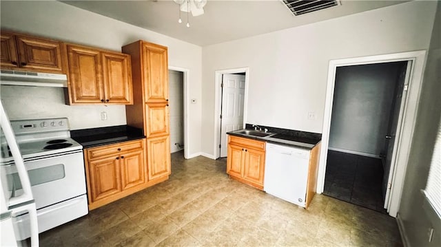 kitchen with white appliances, ceiling fan, and sink