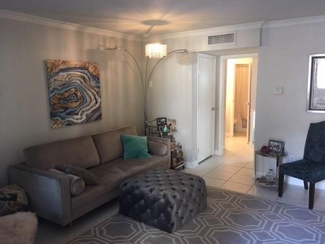 tiled living room with crown molding