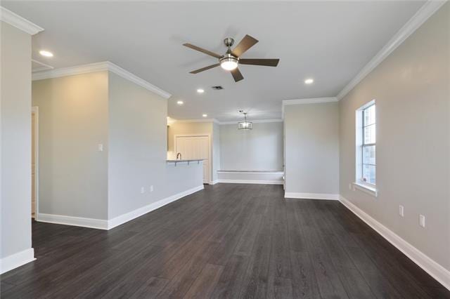 unfurnished living room featuring ceiling fan, ornamental molding, and dark wood-type flooring