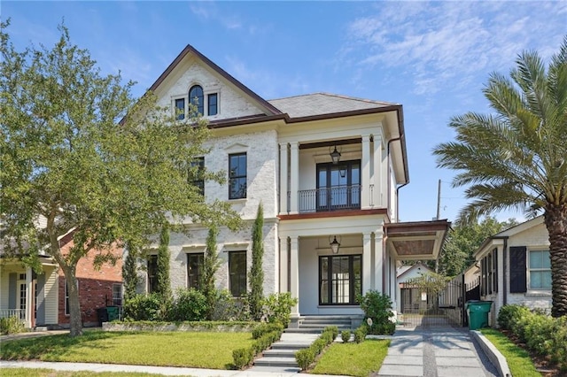 view of front of home with a gate, brick siding, a balcony, and a front lawn