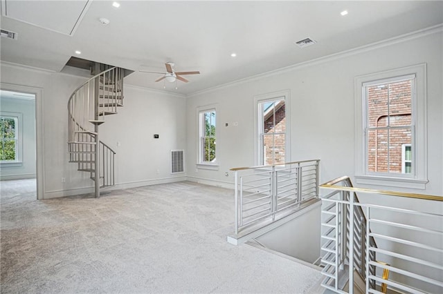 carpeted living area with plenty of natural light, visible vents, and ornamental molding