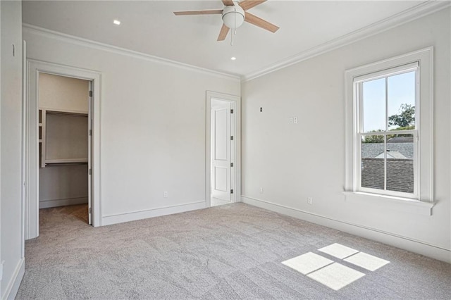 unfurnished bedroom featuring ornamental molding, carpet flooring, a spacious closet, and baseboards