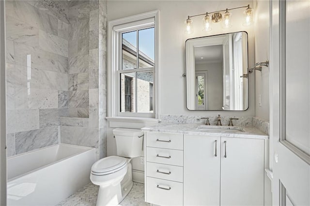 bathroom featuring ornamental molding, vanity, toilet, and a healthy amount of sunlight