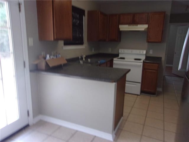 kitchen featuring white range with electric cooktop, light tile patterned flooring, sink, and kitchen peninsula