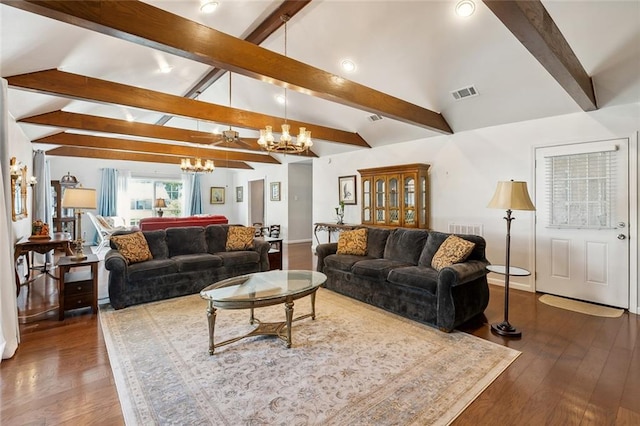 living room with a notable chandelier, vaulted ceiling with beams, and dark hardwood / wood-style floors