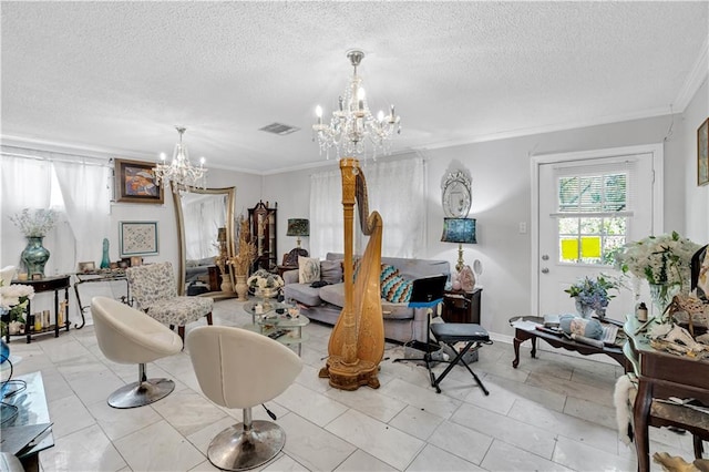 living room with crown molding, an inviting chandelier, and a textured ceiling