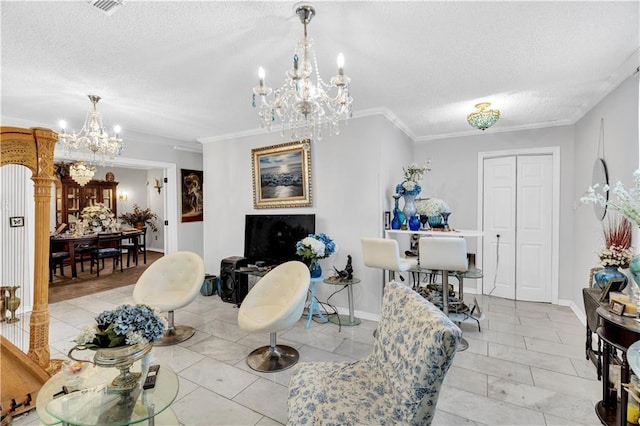 dining space with light tile patterned floors, a textured ceiling, crown molding, and a chandelier