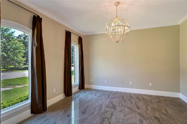 spare room featuring ornamental molding and a notable chandelier