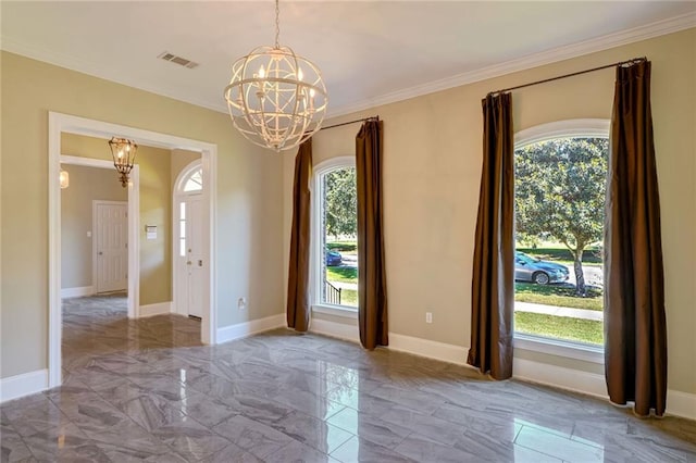 empty room with ornamental molding, a wealth of natural light, and an inviting chandelier