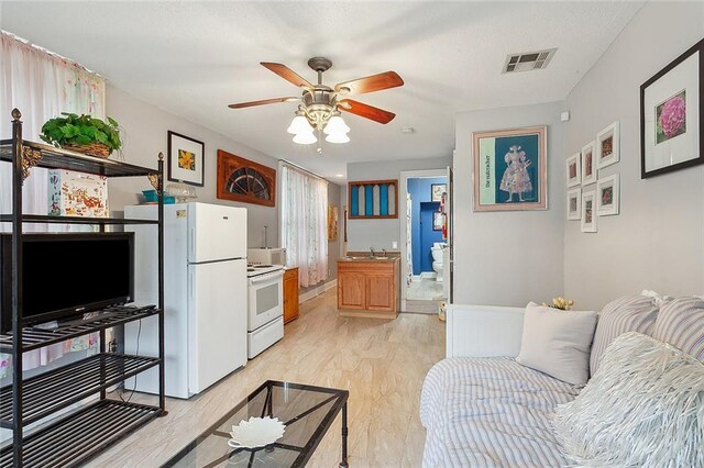 living room featuring ceiling fan, light hardwood / wood-style floors, and sink