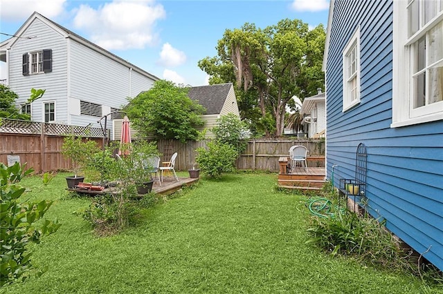 view of yard featuring a fenced backyard and a wooden deck