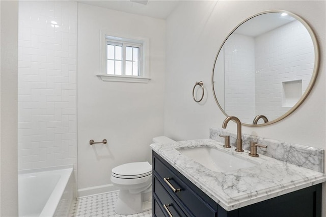 full bathroom with washtub / shower combination, vanity, and toilet