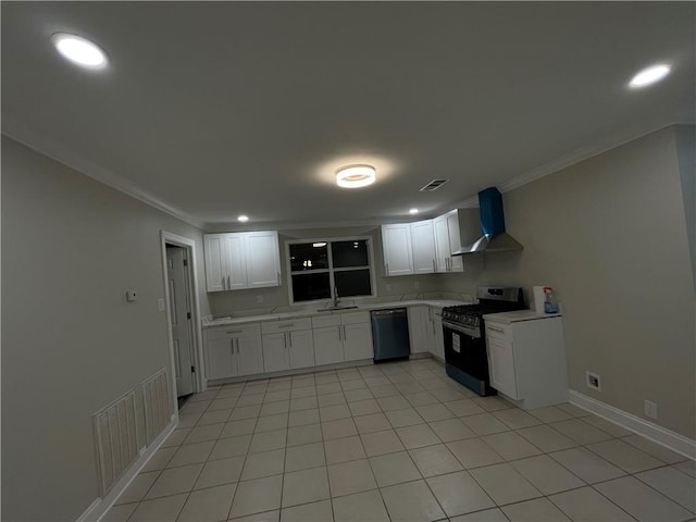 kitchen with white cabinetry, stainless steel range with gas stovetop, dishwashing machine, and wall chimney range hood