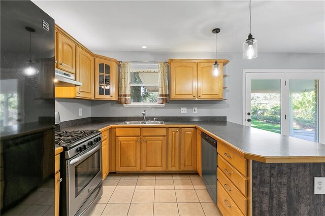 kitchen featuring kitchen peninsula, a healthy amount of sunlight, sink, and stainless steel appliances