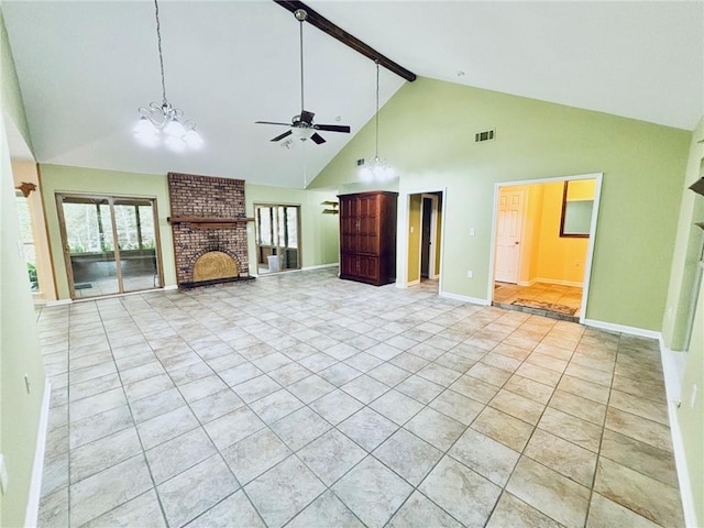 unfurnished living room with a brick fireplace, high vaulted ceiling, beamed ceiling, ceiling fan with notable chandelier, and light tile patterned flooring