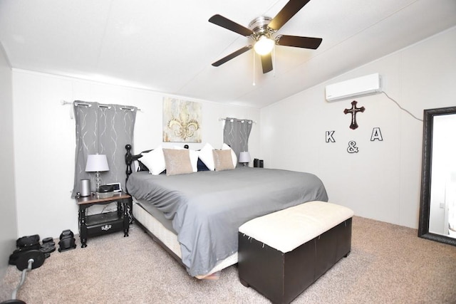 bedroom featuring vaulted ceiling, ceiling fan, an AC wall unit, and light colored carpet