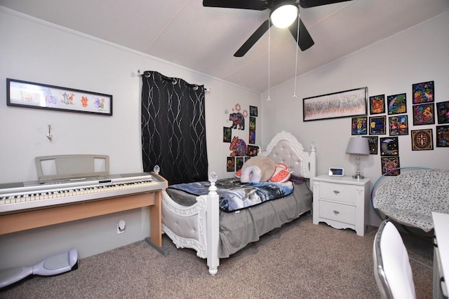 carpeted bedroom featuring vaulted ceiling and ceiling fan