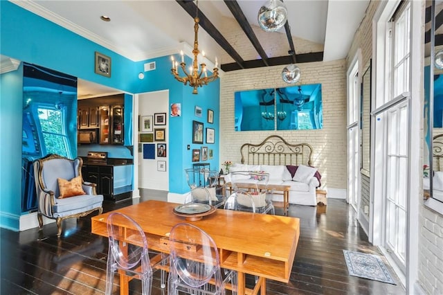 dining area featuring an inviting chandelier, visible vents, wood-type flooring, lofted ceiling with beams, and brick wall