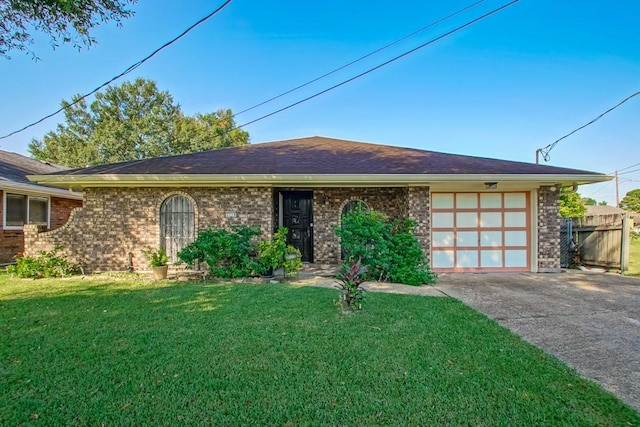 ranch-style house with a garage and a front lawn