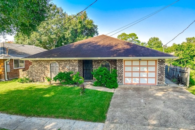 single story home featuring a front yard and a garage