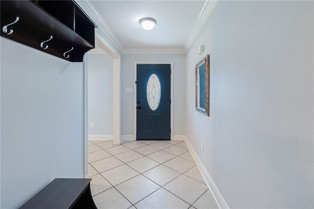 doorway to outside featuring ornamental molding and tile patterned floors