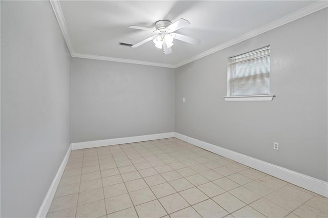 unfurnished room featuring ornamental molding, light tile patterned floors, and ceiling fan