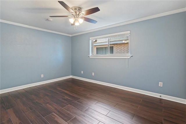 empty room with wood-type flooring, ornamental molding, and ceiling fan