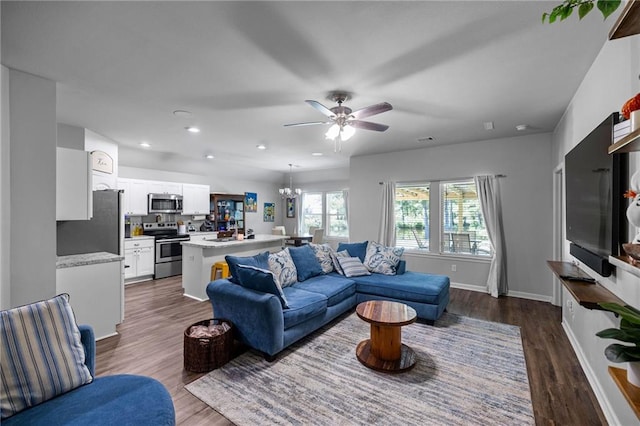 living room featuring ceiling fan with notable chandelier and dark hardwood / wood-style flooring