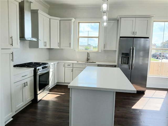 kitchen featuring wall chimney exhaust hood, dark hardwood / wood-style flooring, decorative light fixtures, sink, and appliances with stainless steel finishes