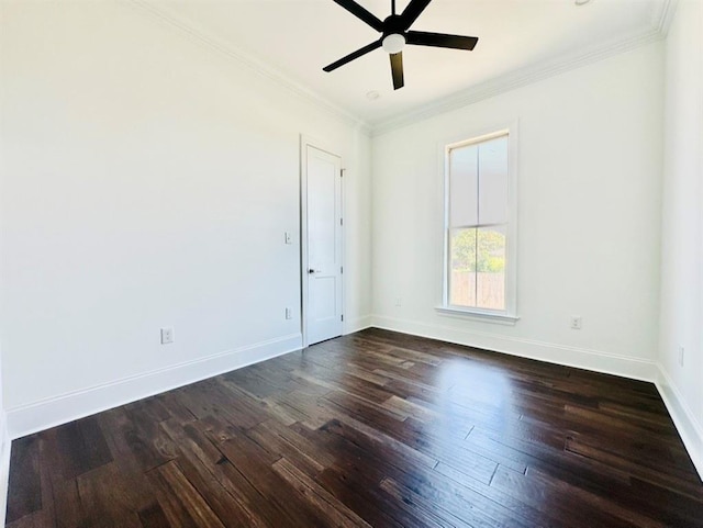 spare room featuring ceiling fan, dark hardwood / wood-style floors, and ornamental molding