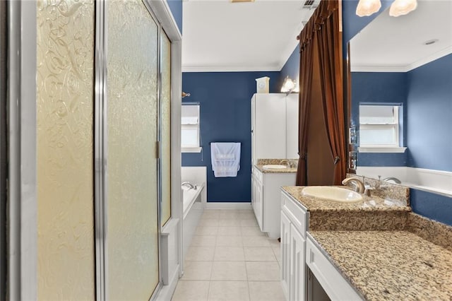 bathroom featuring plus walk in shower, crown molding, a wealth of natural light, and vanity