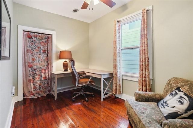 office area featuring wood-type flooring, plenty of natural light, visible vents, and a ceiling fan