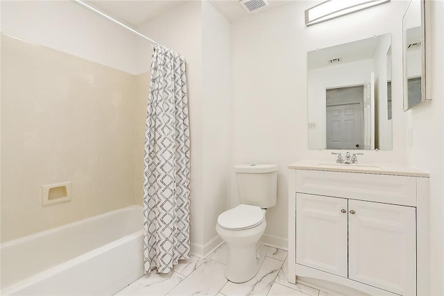 full bathroom featuring shower / bath combo, vanity, and toilet