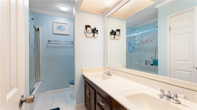 full bathroom featuring enclosed tub / shower combo, toilet, tile patterned floors, ornamental molding, and vanity