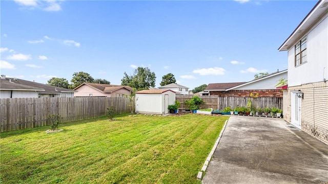 view of yard featuring a storage shed and a patio area