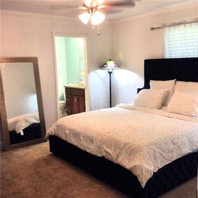 170 Becs Pl, Braithwaite, LA 70040 - carpeted bedroom featuring ensuite bathroom, crown molding, and a ceiling fan