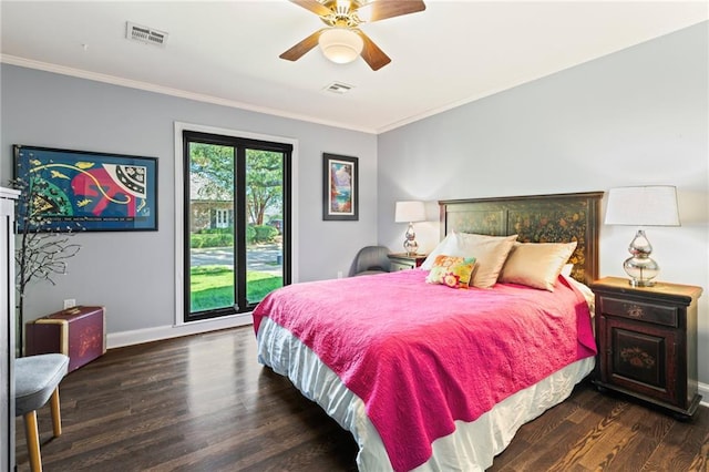 bedroom with crown molding, ceiling fan, and dark wood-type flooring