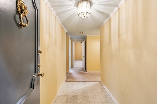 hall with crown molding and light colored carpet