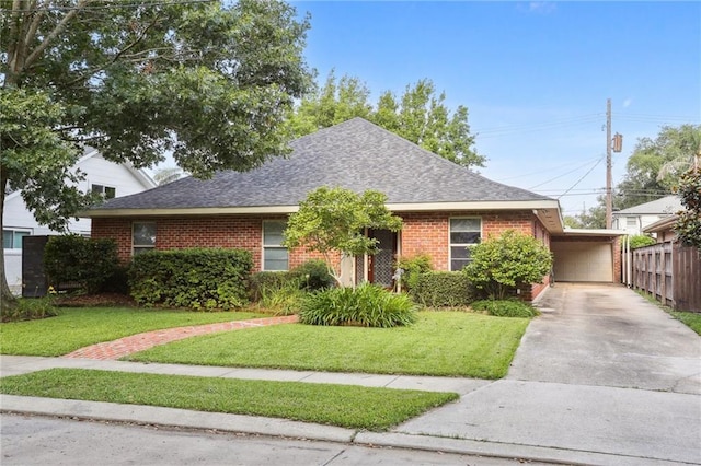 view of front of property with a garage and a front lawn